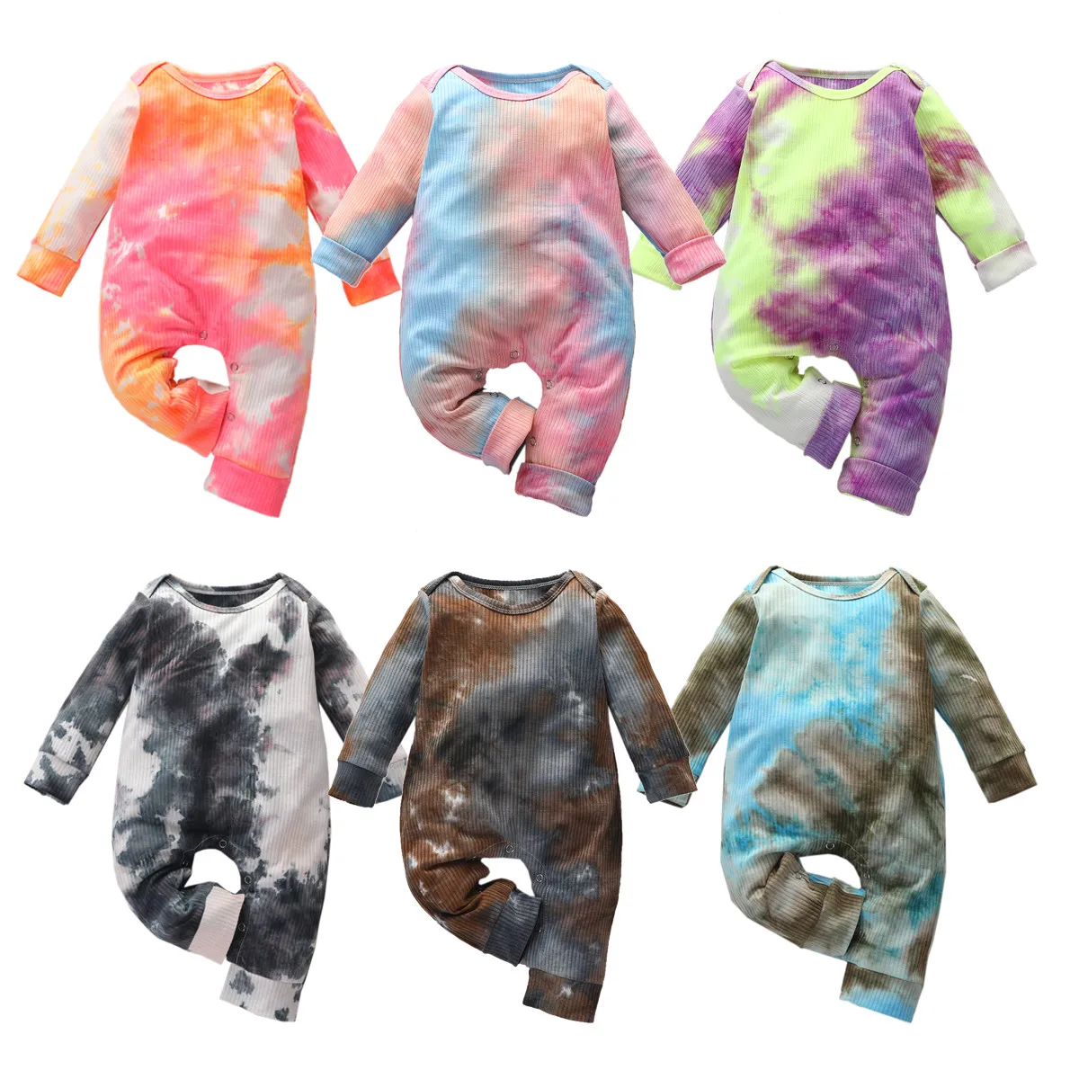 

0-24M Newborn Baby Girls Tie dye Romper Long SleeveClorful Jumpsuits Spring Autumn Clothing Ribbed Outfits