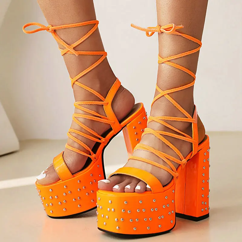 

2022 New Women High Heel Shoes Platform Super Square High Heel Ladies Sandals PU Leather River Lace Up Women's Shoes Big Size 43