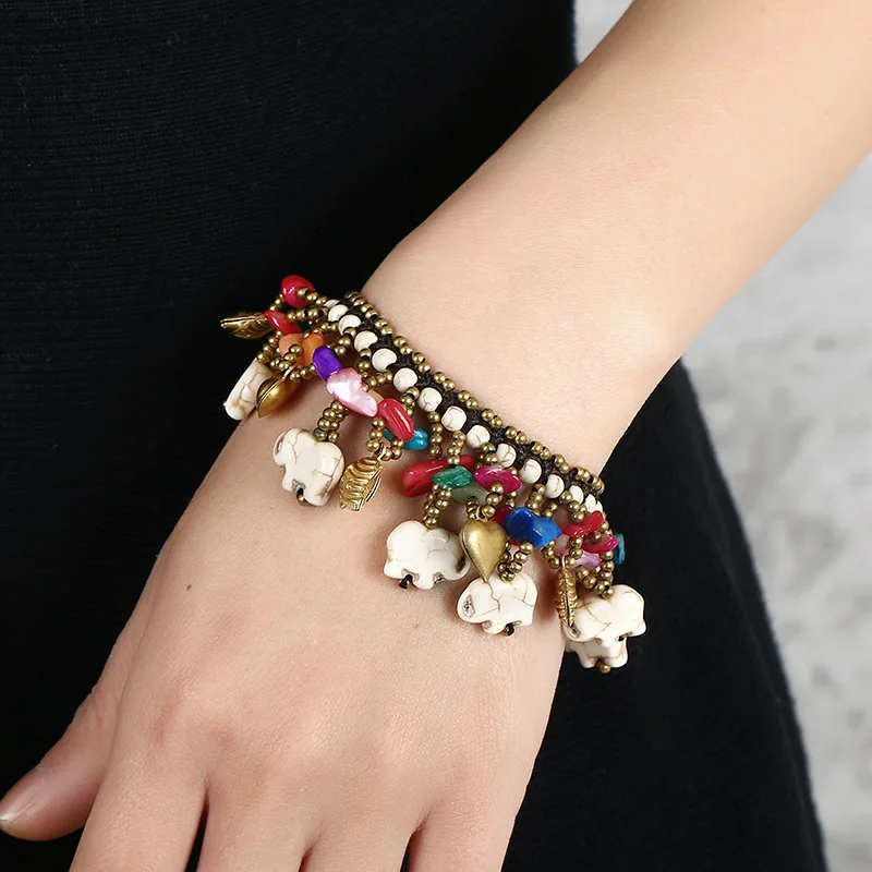 

Bohemian Turquoise Elephant Bracelet Copper Accessories Thai Wax Thread Weaving Anklet Original Matching Dual Purpose Jewelry