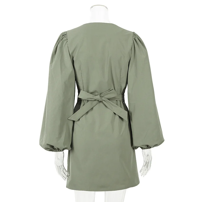 

French OL Elegance Ladies Short Dress Autumn Long Lantern Sleeve V-neck Belt Purple Green 2021 Fashion Irregular Women Dresses