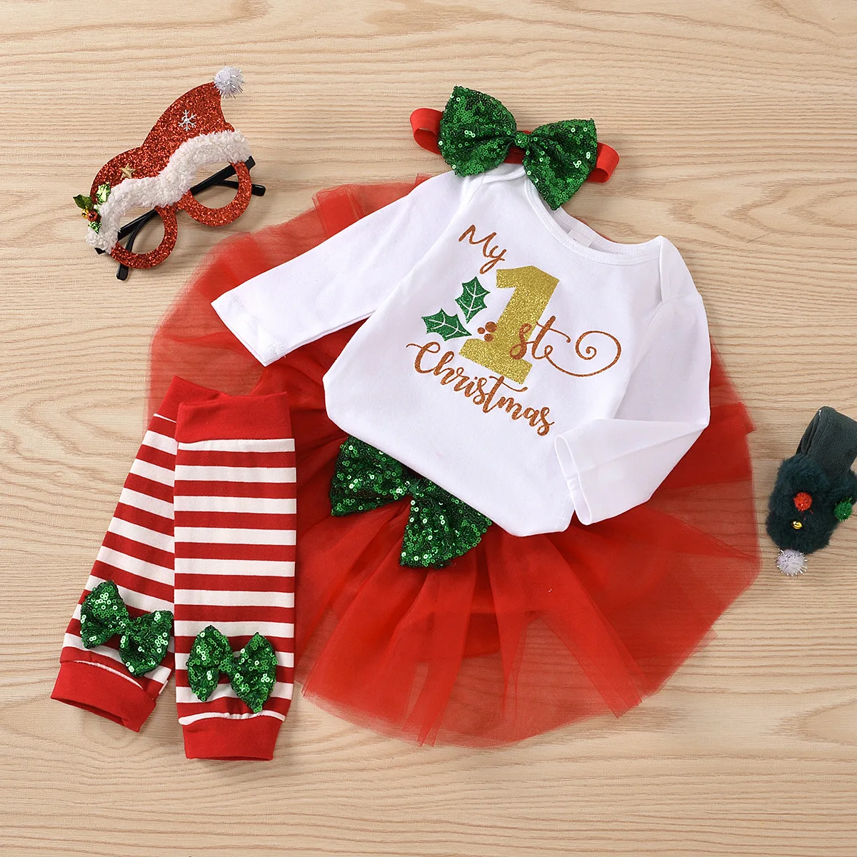 Baby Girls Christmas Clothing Sets Romper+Tutu skirt+Leg warmer+Headband 4Pcs Infant Santa Wear baby Romper | Мать и ребенок