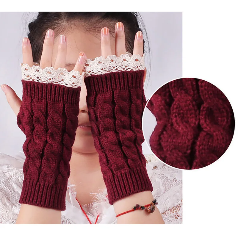 Женские перчатки без пальцев, кружевные вязаные перчатки, защита для запястья, женские зимние вязаные теплые перчатки для рук на запястье, в...