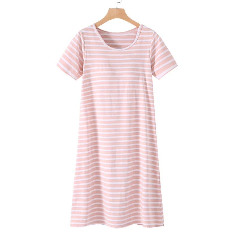 Plus Size Night Dress For Women Short-Sleeved Striped Nightgown Modal Cotton Loose Soft Nightwear Tops Women's Leisure Sleepwear