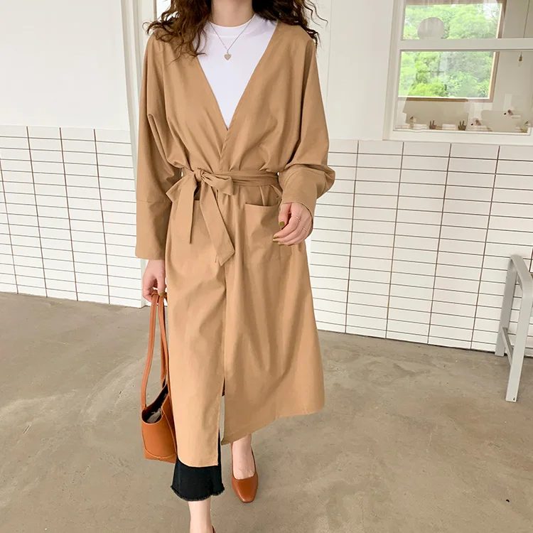 

2021 Spring Autumn New Korean Fashion Solid Color Temperament Lace-up Trench Coat Simple V-neck Adjustable Waist Pockets Coats