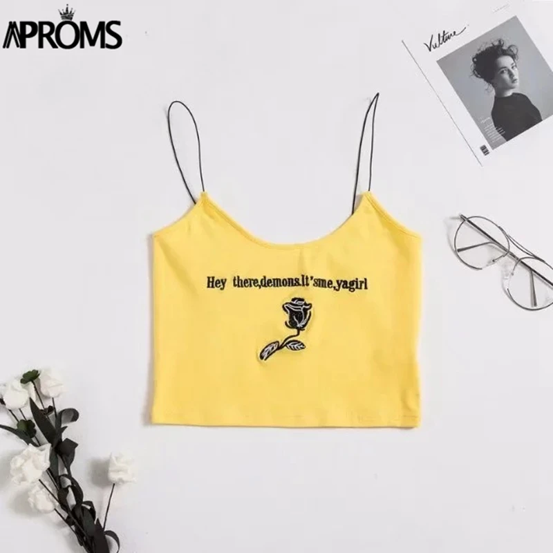 Aproms, уличная одежда, с вышивкой розы, базовые женские майки, высокая мода, яркие, тянущиеся, кроп-топ, 90 s, крутые, для девочек, короткие, бюстье, топы на бретелях - Цвет: Цвет: желтый