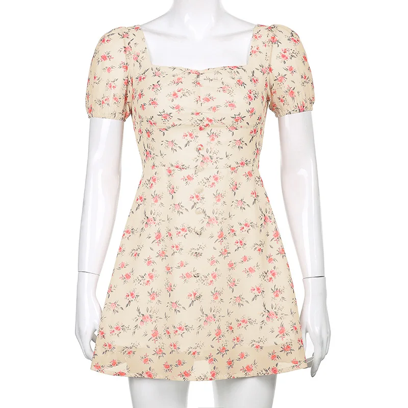 

Mandylandy Chiffon Dress Summer Short Puff Sleeve Backless High Waist Pleated Dress Women's Sexy Print Slim Square Collar Dress