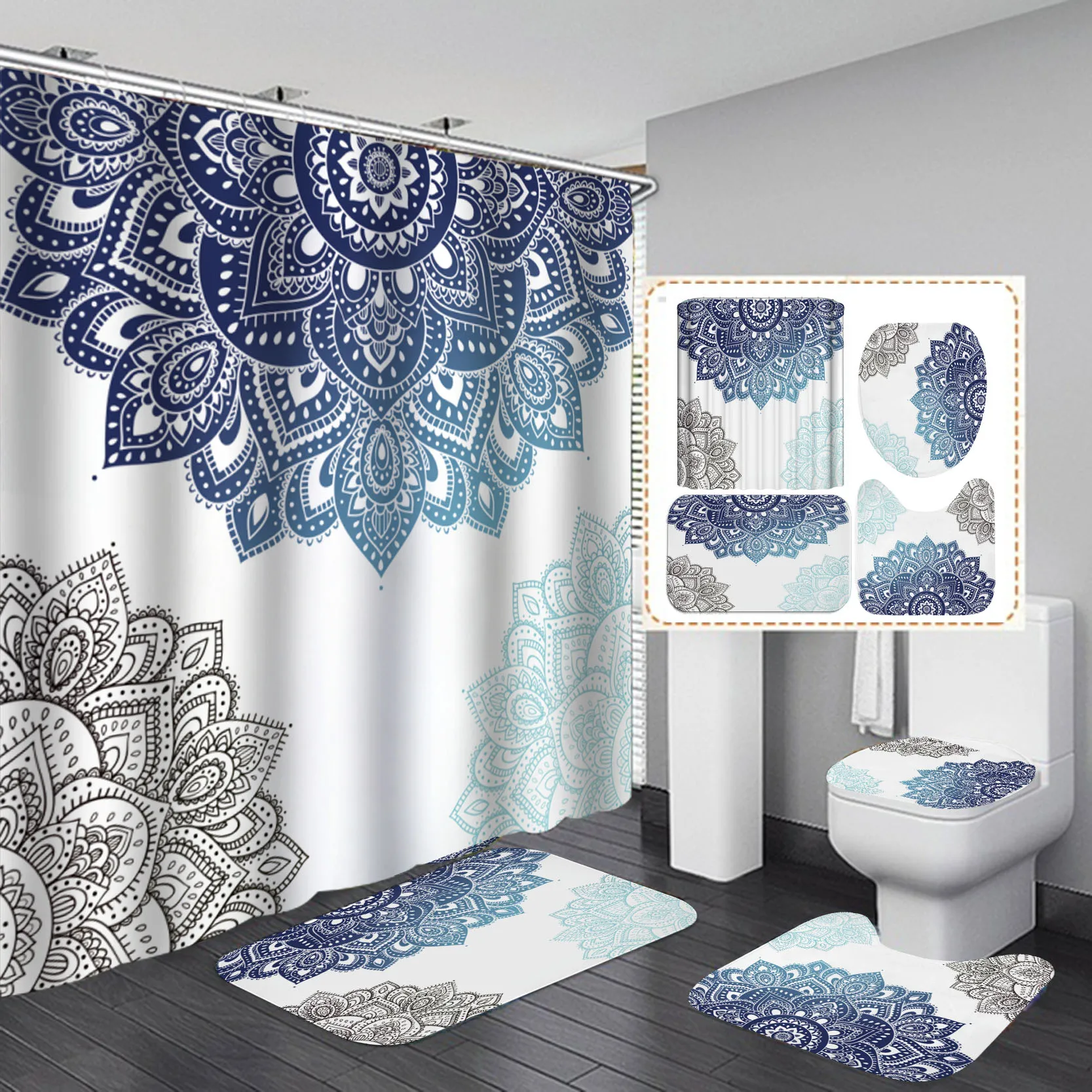 

Bohemia Shower Curtain Set With Rug Bath Mat Bathroom Waterproof Curtains Non Slip Carpet Durable Toilet Cover Bathtub Decor