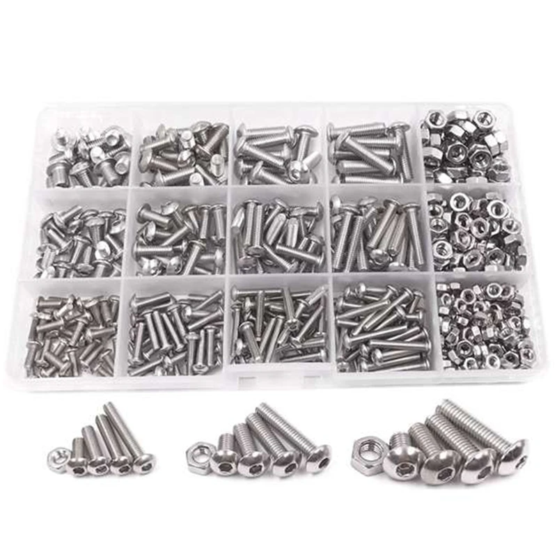 500Pcs M3 M4 M5 A2 Stainless Steel Button Head Hex Bolts Hexagon Socket Screws with Nuts Assortment Kit | Инструменты