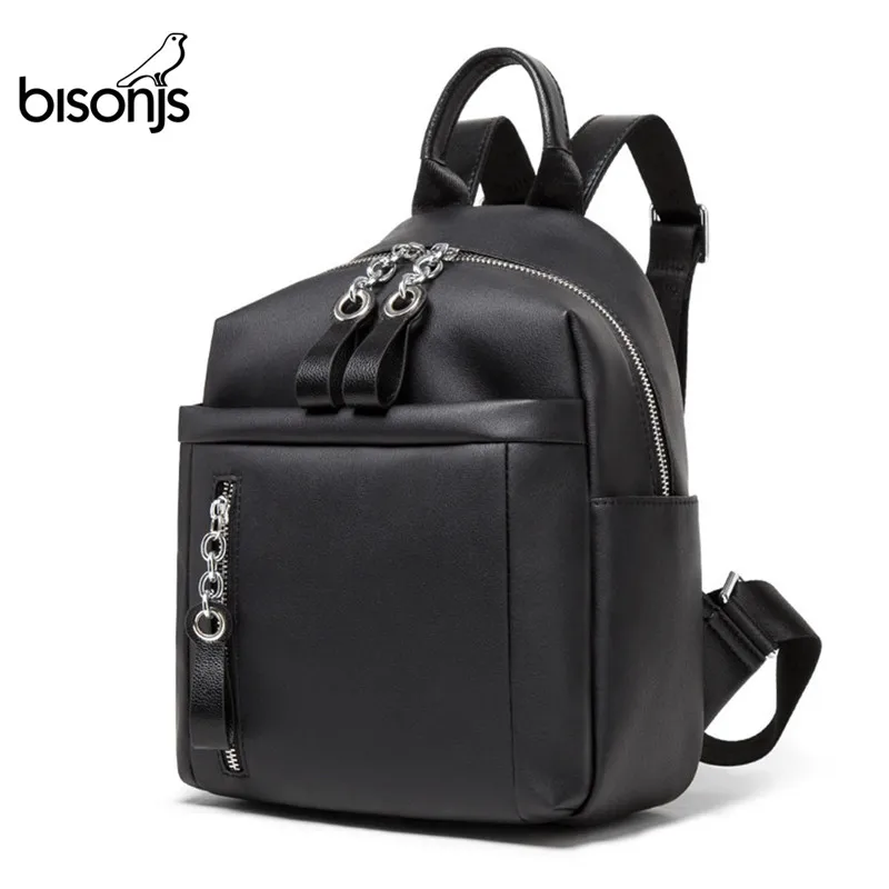 Бренд BISON DENIM, рюкзак, женская сумка, новинка, натуральная кожа, Большой Вместительный рюкзак, черные сумки на плечо, Mochila Feminina B1555