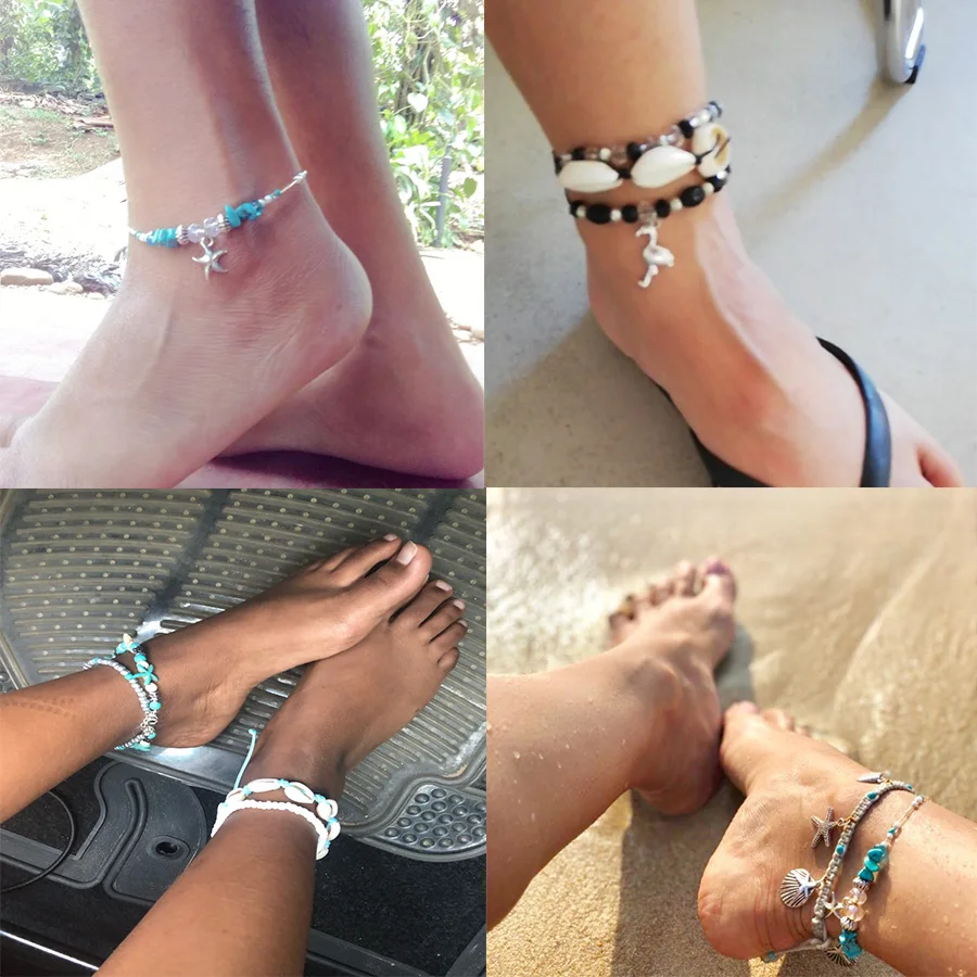 

Starfish Stone Anklets Bohemian Foot Jewelry For Women Vintage Handmade Wave Anklet Bracelet on Leg Beach Ocean Jewelry Gifts