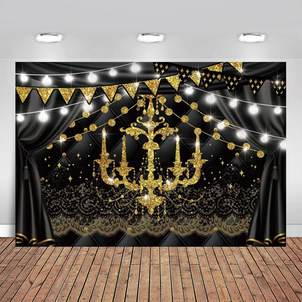 

Черный и золотистый вечерние Люстра для фона Шторы кружева фон для фотосъемки с изображением Hello 2021 Новый Год Вечерние люстра Шторы лак
