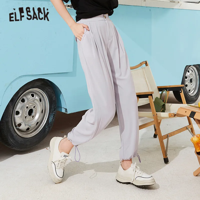 ELFSACK Solid Pure High Waist Straight Casual Women Pants 2021 Summer Minimalist Korean Ladies Daily Basic Trouser