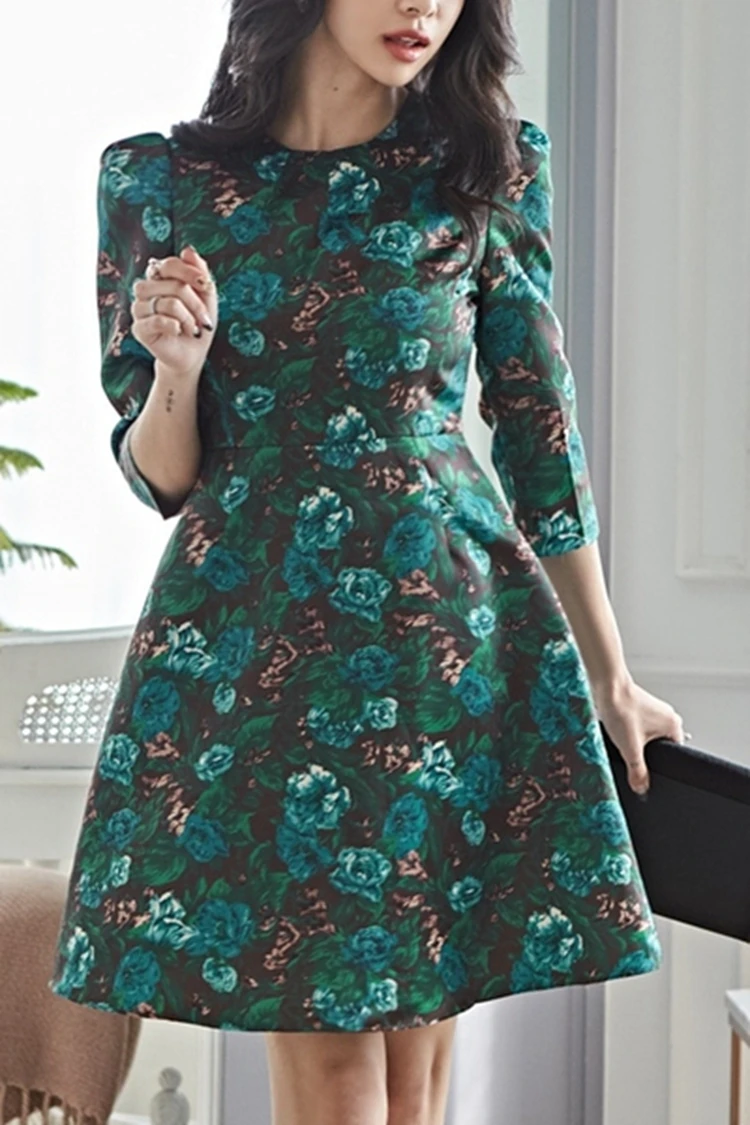 

Autumn Women Flowers Printing dress Casual 3/4 sleeve Winter Mini Dress For Female New Fashion A-line Party Vestidos