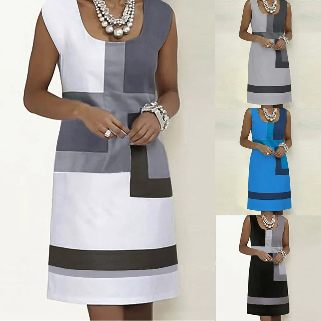 

Fashion Geometric Print Women's Dress O Neck Sleeveless Pattern Print A-Line Dress party elegant streetwear Sundress платье