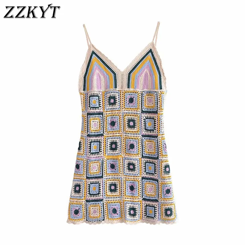 

ZZKYT 2021 женское летнее винтажное клетчатое вязаное крючком мини-платье модное милое с V-образным вырезом без рукавов с открытой спиной Женски...