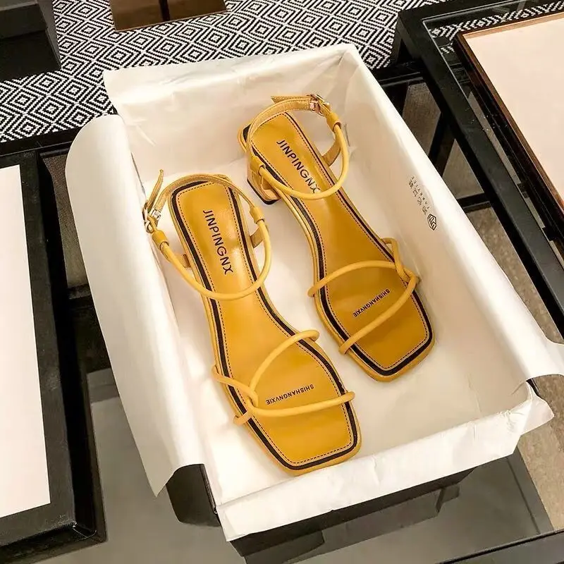 

Apanzu High-heeled sandals female 2021 summer new thin strap combination two-wear square toe sexy sandals female Yellow sandals
