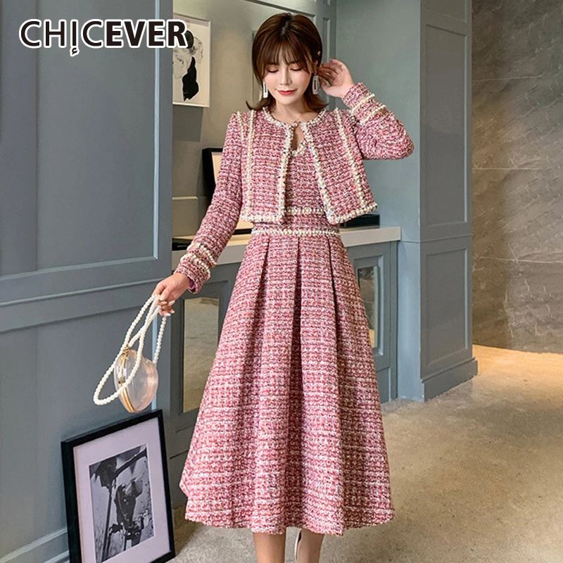 CHICEVER корейский твидовый комплект из двух предметов для женщин О образный вырез