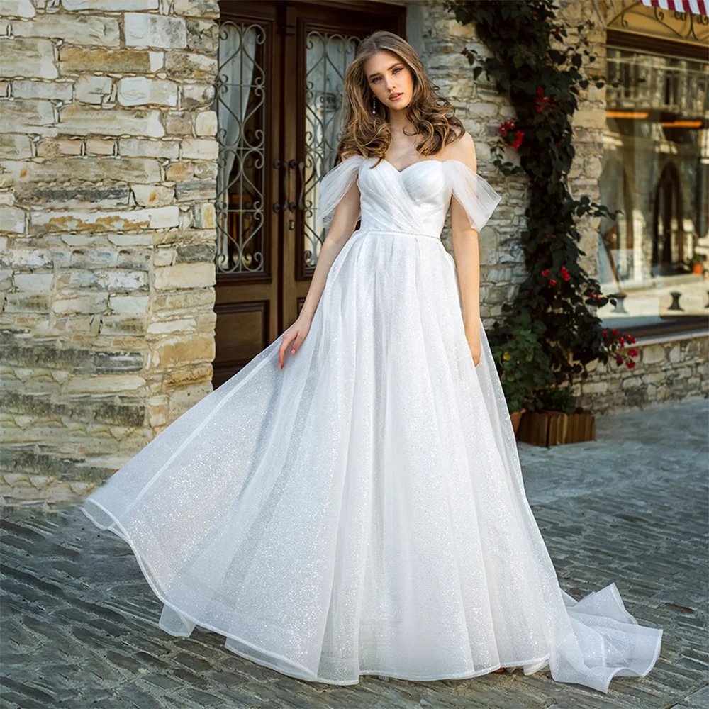 

Off Shoulder Glitter Ruched Wedding Gowns Shining Corset Personalised Criss Cross Pleated Long Simple Photo Shoot Bridal Dress