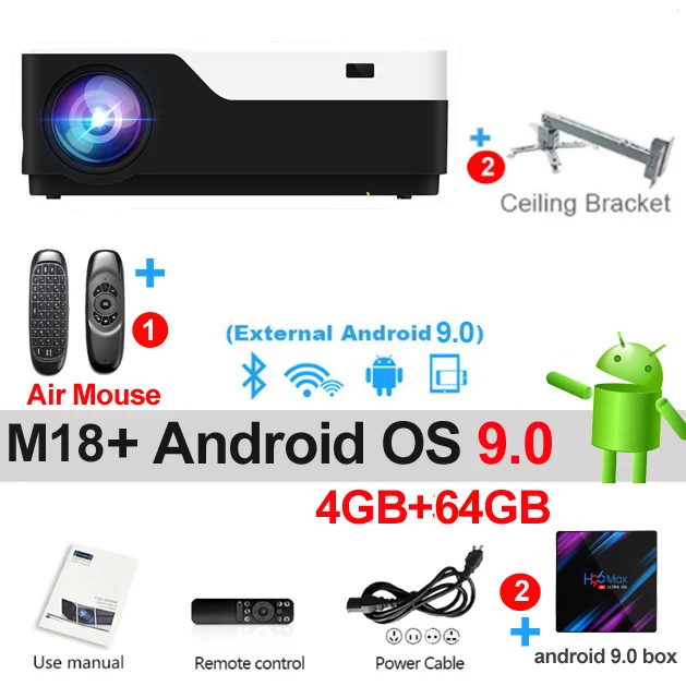 WZATCO 1920x1080P Android 9,0 wifi поддержка AC3 4K 200 дюймов Full HD 1080P светодиодный проектор видео проектор для домашнего кинотеатра 5500 люмен - Цвет: M18 64GB Android 9 B