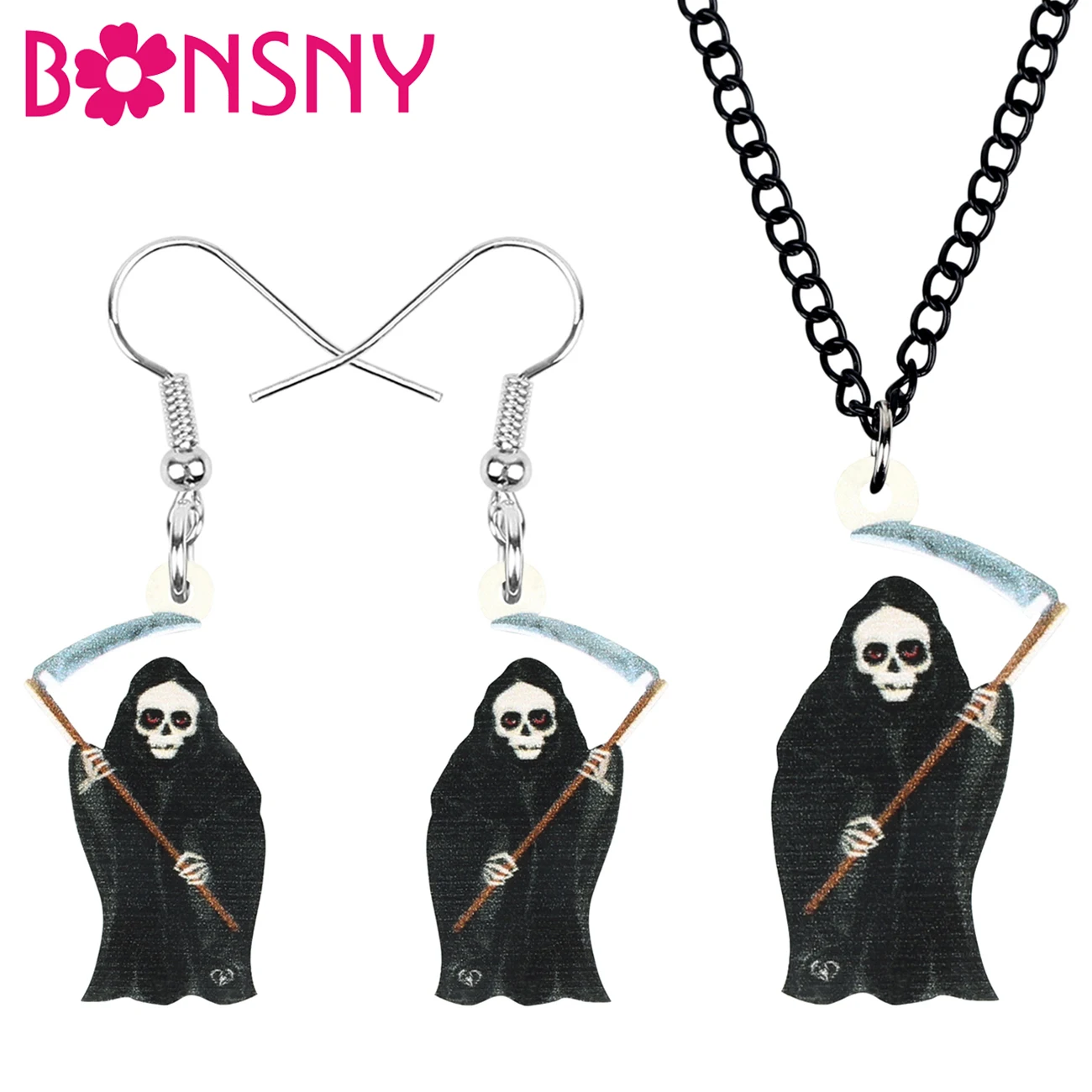 Bonsny акриловый Хэллоуин черный мрачный жнец Ювелирные наборы с принтом длинное