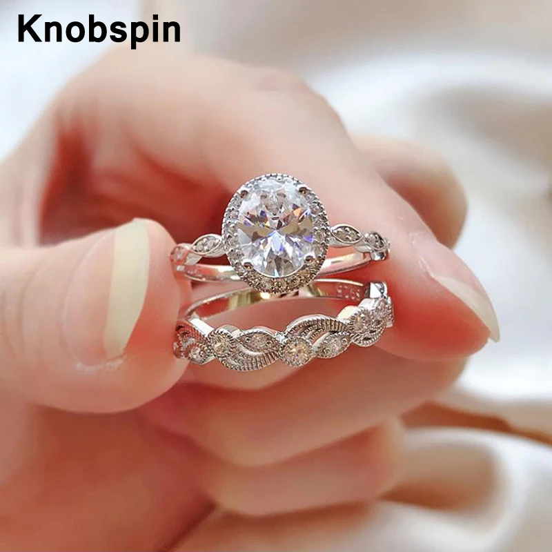 

Knobspin 100% 925 Sterling Silver Jewelry Sets Ring 6*8mm Hollowed Out Patterned 5A Zircon Rings For Women Party Fine Jewelry