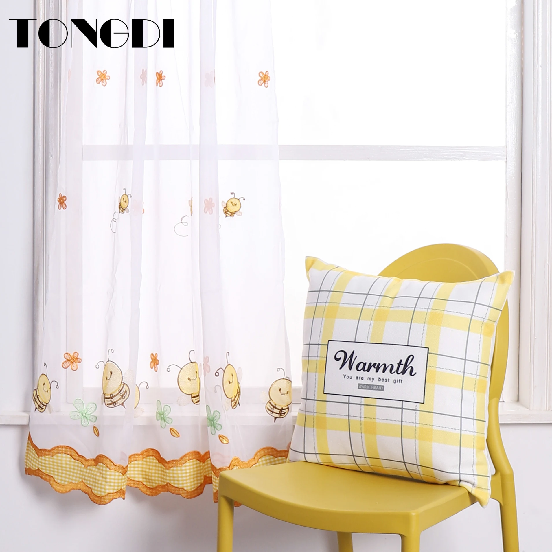 TONGDI Короткие Занавески для кухни и дома белые тюлевые шторы с вышитыми животными