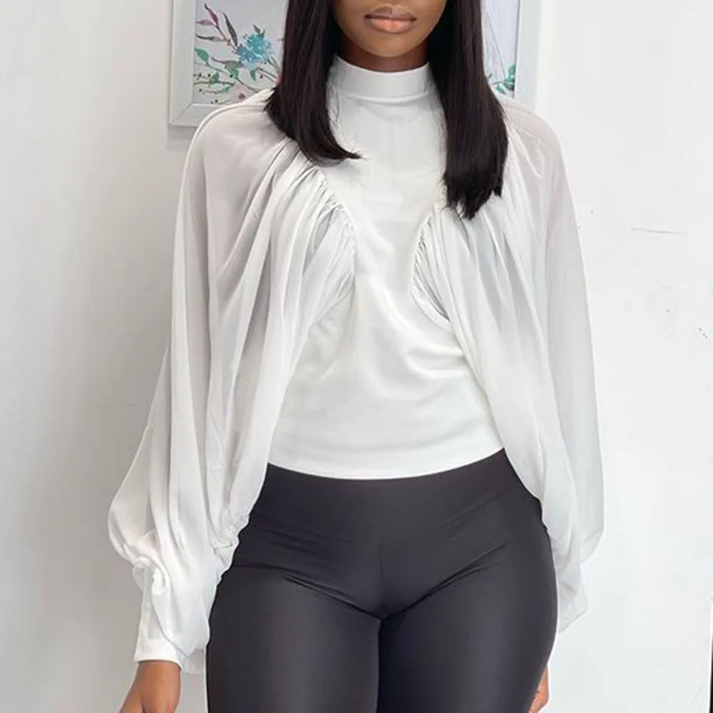 

White Lantern Sleeve Blouse Women Tops Spring Summer 2021 Turtleneck Shirt Pleated Mesh Loose Casual Oversize African Tops