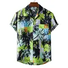Мужская рубашка в этническом стиле, синяя Гавайская футболка с принтом, отложным воротником и пуговицами, размеры xxxl, на лето