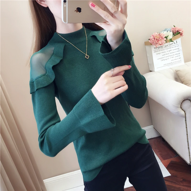 Женский свитер с открытыми плечами кружевной пуловер высоким воротником и