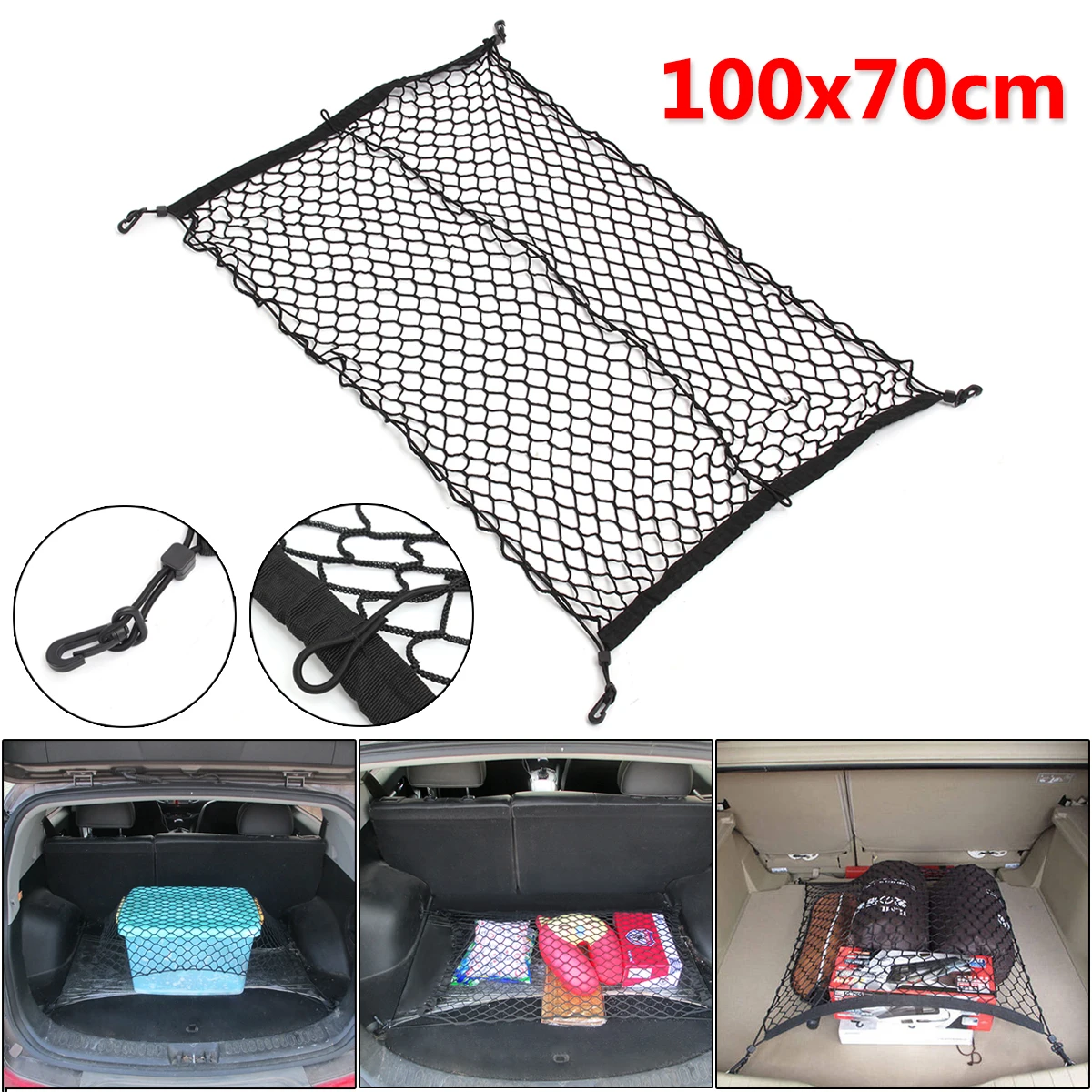 100 x 70cm Universal Black Nylon Car Trunk Net Luggage Storage Organizer Bag Rear Tail Mesh Network With 4 Hooks cargo net