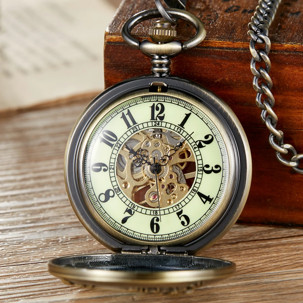 Hollow Luminous Deer Skeleton Mechanical Pocket Watch Double Open Cover Fob Chain Gift Men Steampunk Pendant Gifts Women