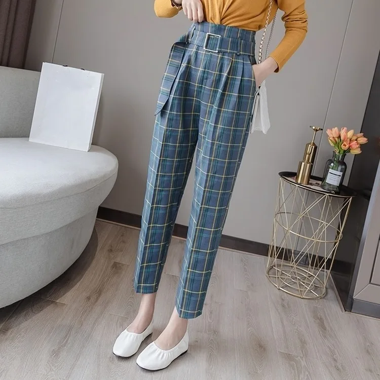 

Plaid Wide Leg Lady Checkered Ankle-Length Trousers 2020 Autumn Winter Women Pants High Waist Sashes Pockets