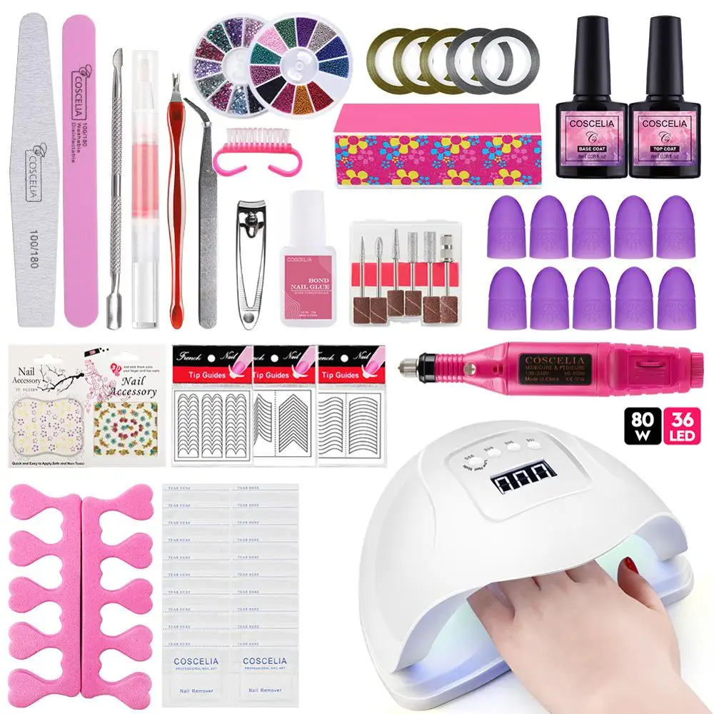 Nail Art Tool 12/72W UV Lamp& 2 Color Soak Off Gel Nail Top Base Coat Gel Nail Polish Kit Manicure Sets& Kits Varnish Set