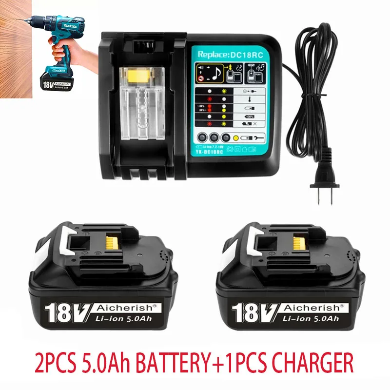 

BL1860B 18V 5000Mah Battery Plus Charger, 18650 Rechargeable Li-Ion Makita 5Ah Batteries For BL1815N BL1820 BL1840B BL1850