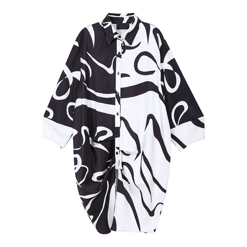 

XITAO Print Casual Irregular Dress Women 2020 Autumn Tide Fashion New Style Turn Down Collar Long Batwing Sleeve Button ZP2477