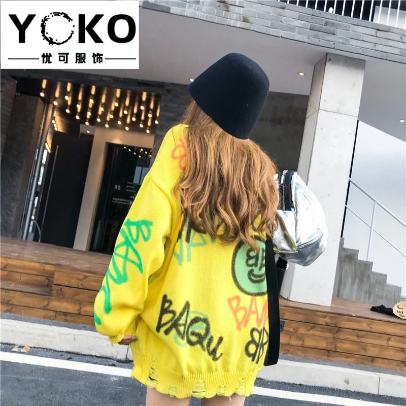 YOKO свитер женский Осень Зима Новая мода свободная Корейская версия ручная роспись граффити ленивый стиль свитер размера плюс платье