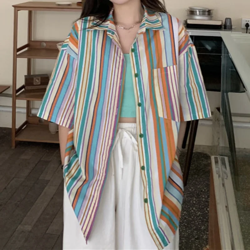 

Deeptown Summer Striped Shirt Women Vintage Short Sleeve Blouse 2021 Fashion Beach Style Rainbow Clothes Long Sleeve Tops Design
