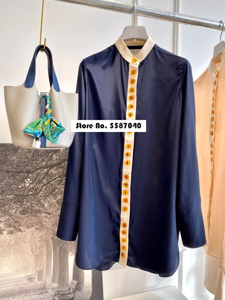 

Early Autumn 2021 Minimalist Style Single Row Multi-button Long-sleeved Silk Shirt Round Neck Shirt Women