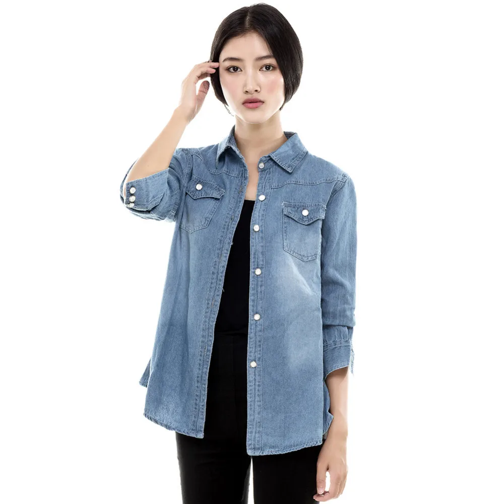 Винтажная женская синяя Джинсовая блузка с длинным рукавом джинсовая рубашка в