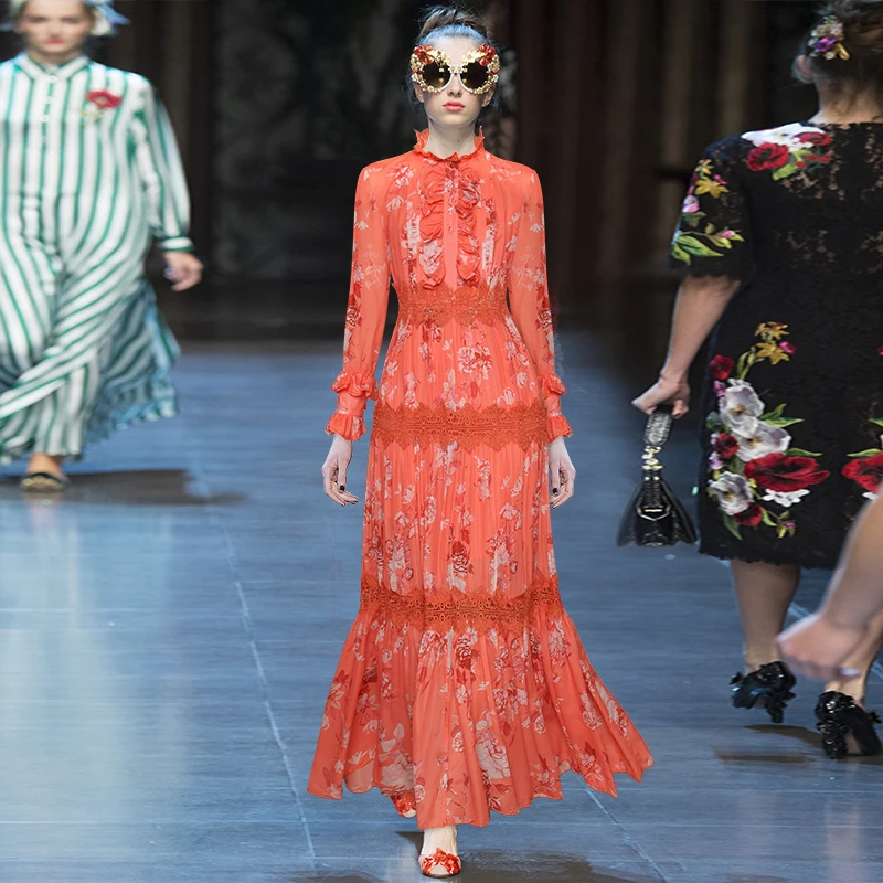 

Stand-up Collar Long-sleeved Ruffled Water-soluble Flower Stitching Print 2021 Autumn Dresses for Women