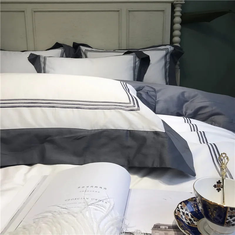 

White gray Egyptian cotton Duvet Cover Bed sheet Set Embroidery 4pcs Queen/King Size Bed set hotel Bedding Sets parure de lit