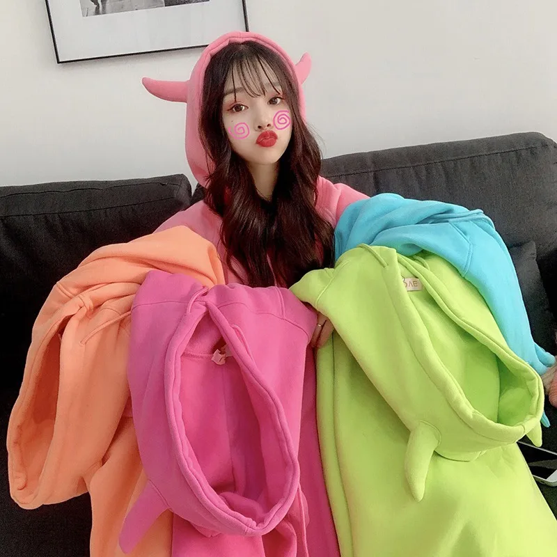 

Women Lovely Candy Solid Color Hoodie Pullovers Sweatshirt Autumn Women Campus Casual Lazy Wind Plus Velvet Sweatshirts