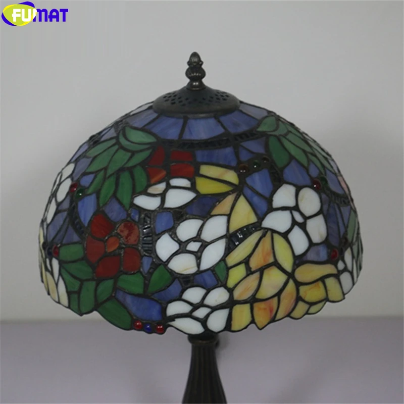 Goedkoop FUMAT Tiffany Bureaulamp Rode Roos Orchidee Geel Bloem Tafel Licht Handwerk Arts Home Decor 12 Inch Stained Glass E27 LED Legering