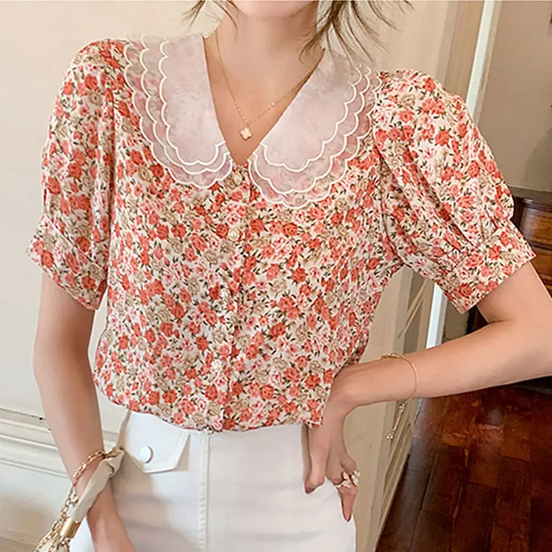 

Блузка женская шифоновая с цветочным принтом, Модный повседневный топ с коротким рукавом и воротником «Питер Пэн», L566, весна-лето 2021