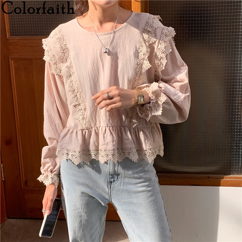 Colorfaith новинка 2020 весна лето женская блузка кружевная рукав фонарик Круглый ворот