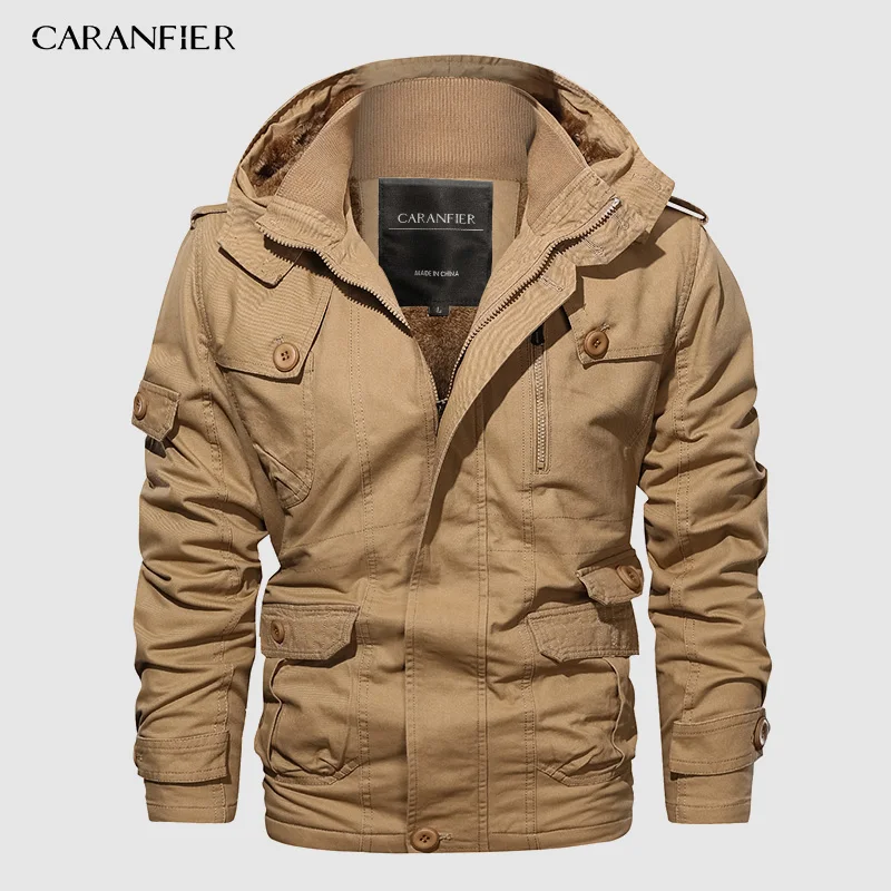 

CARANFIER Brand Men Hooded Jacket velvet Winter Cotton Bomber Coat Collar Male Casual Air Force Flight Jacket Windbreaker 6XL