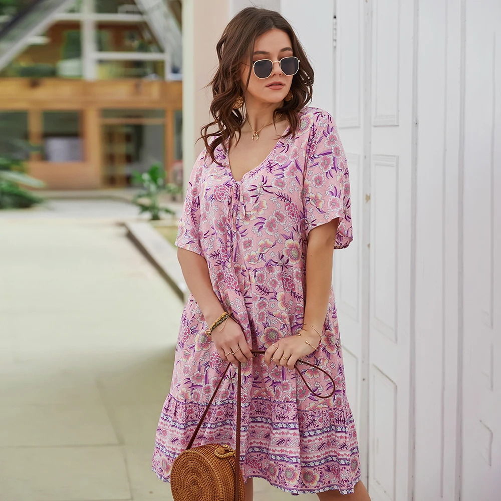 

GXDS 2021 Summer Plus Size Women's Dress Short-Sleeved Bohemian Printed V-Neck Beach Dress Ladies Retro Casual Holiday Dress 4XL