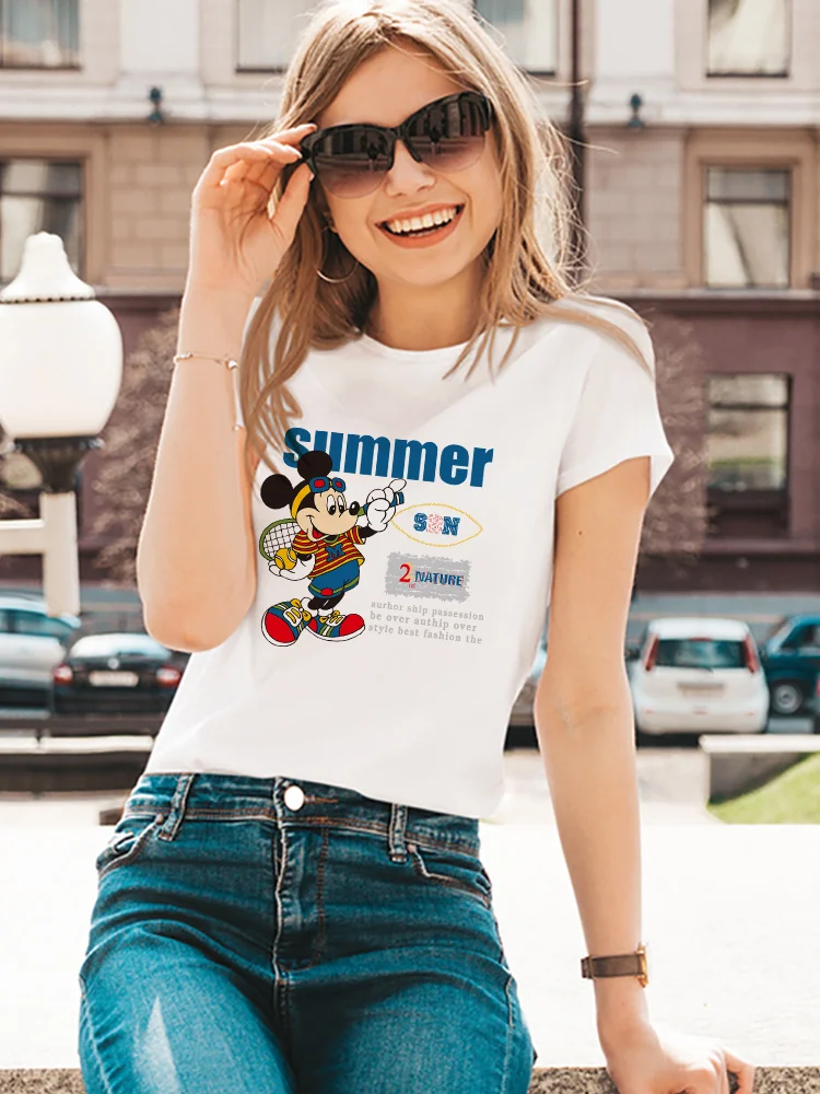 

Женская одежда с рисунком Микки Мауса Disney, модный топ с короткими рукавами для сестер, летняя универсальная футболка, европейский тренд, жен...