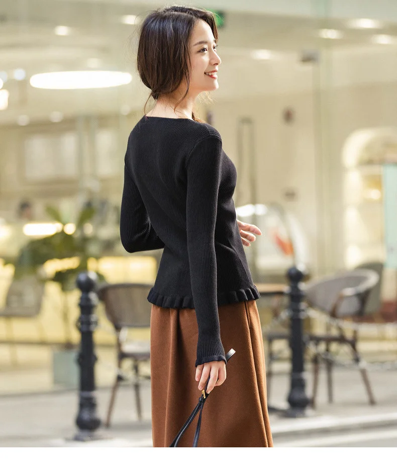 INMAN Winter Elegant Solid Color V Neck Drawstring Flower Swing Women Pullover Sweater