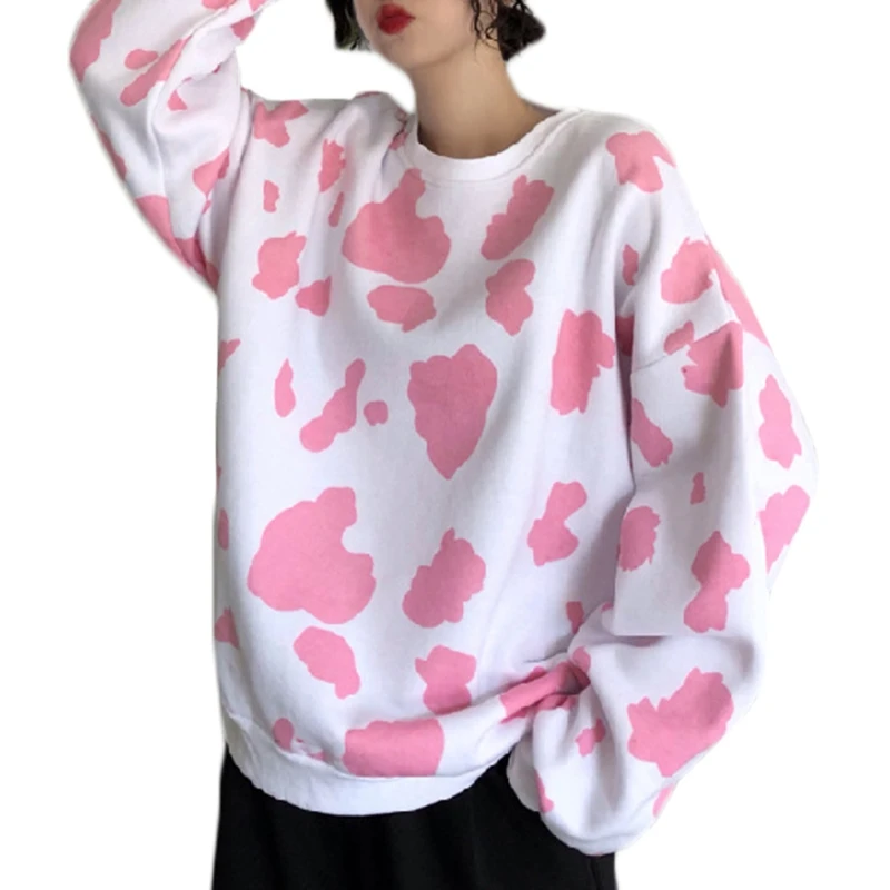 

Women Long Sleeve O-Neck Sweatshirt Harajuku Style Cute Pink Cow Dot Print Pullover Tunic Tops Oversized Loose Shirts